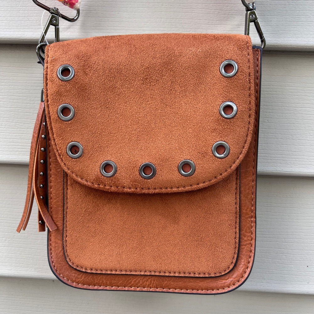 Cognac Brown Faux Suede Grommet Crossbody Bag with Embroidered Guitar Strap NWOT